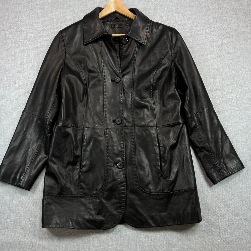 VTG Y2K Wilsons Leather Black Leather Blazer Jacket Womens‎ Large Car Coat Lace